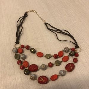 Red Orange Gold Brown Beaded 3 Strand Necklace